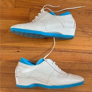 Women’s White Leather Sneaker Wedge with Blue Trim